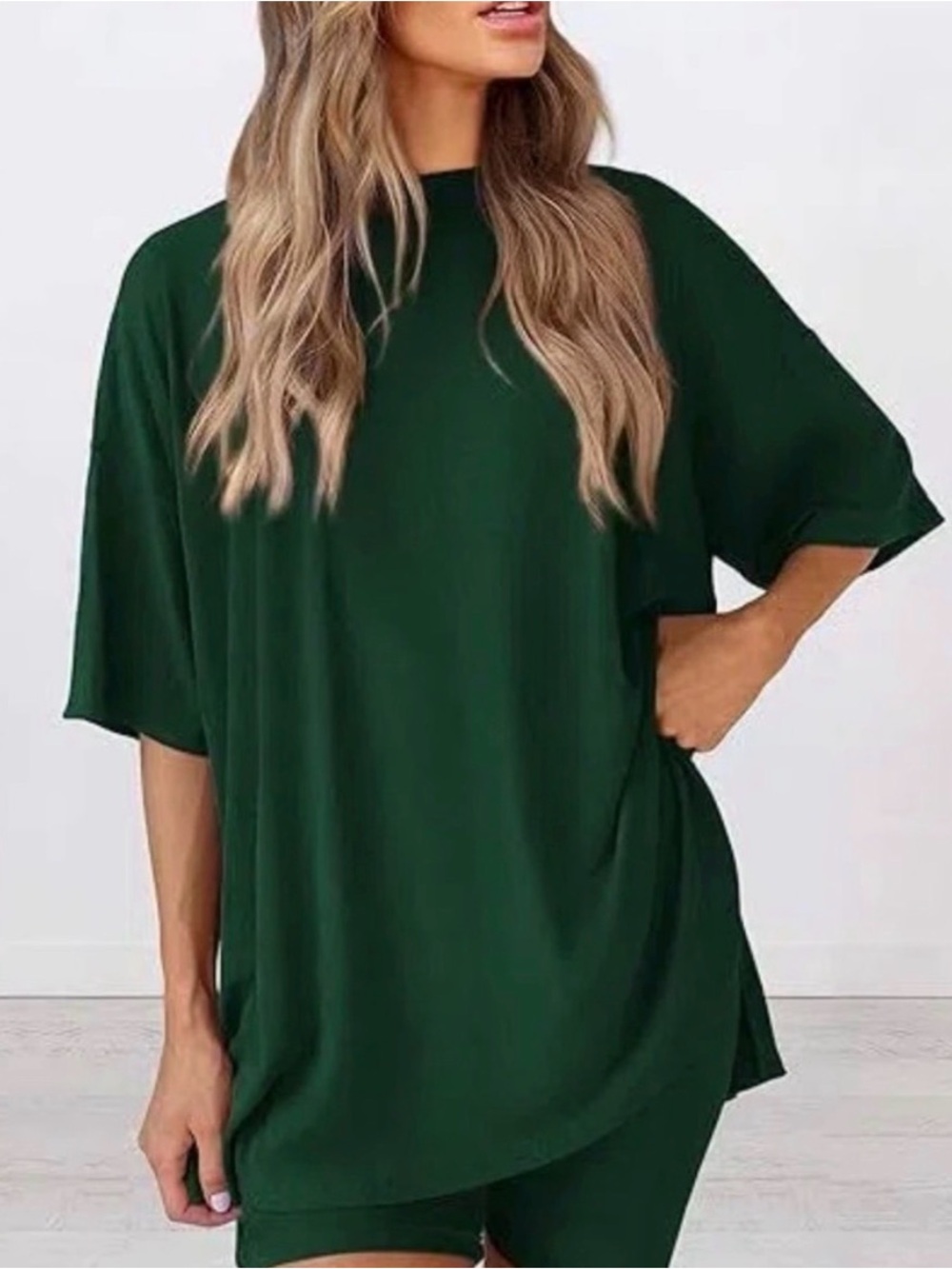 Dark Green Women's Relaxed Short Sleeve Top and Shorts Set